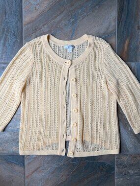 Christopher & Banks Cream Crochet Knit Cardigan Sweater Large 3/4 Sleeve Button